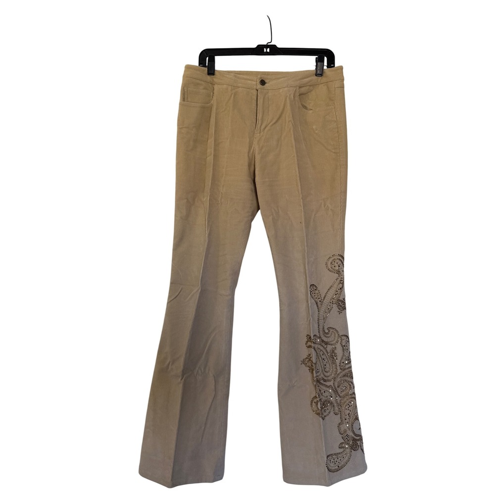 Dana Buchman Tan Corduroy Paisley Embroidered Sequin Flare Leg Pants Size 8
